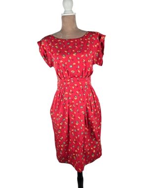 Emily & Fin Sophie Dress Red Botanical Print Zip Back Size Small
